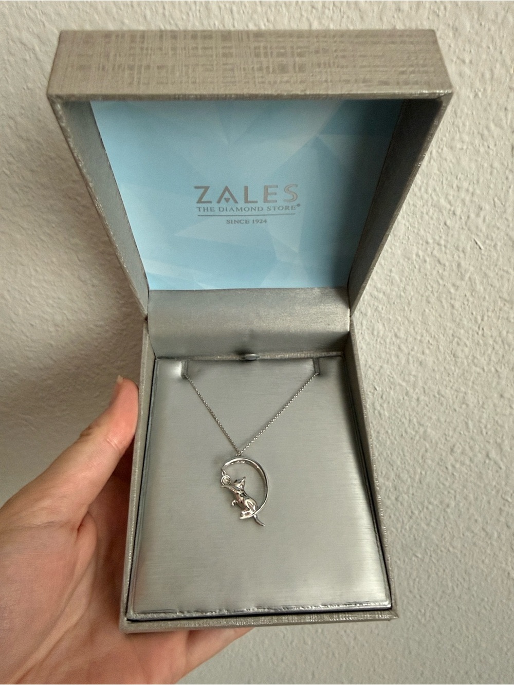 Zales Silver Cat on Crescent Moon Necklace - White Gold w/ Diamonds